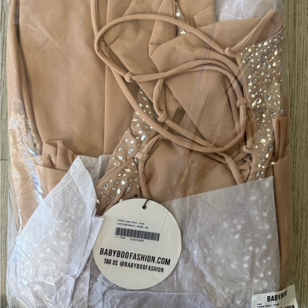 Nude Beaded Spaghetti-Strap Evening Gown - Picture 3 of 4